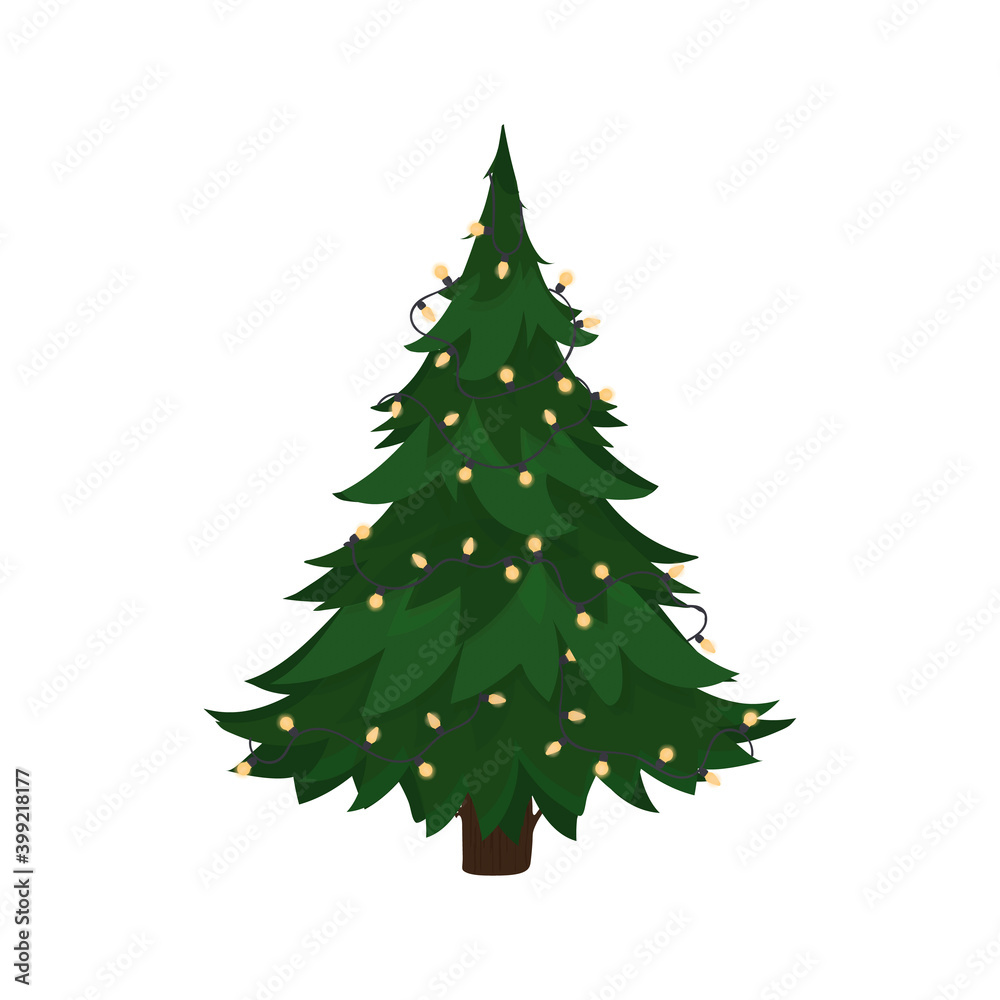 Christmas green tree with garlands. Isolated. Vector.