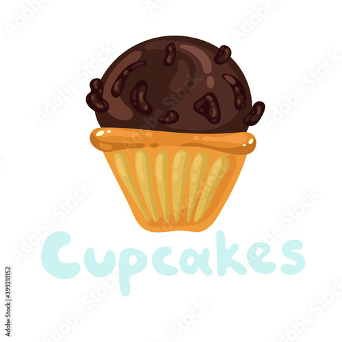 Cupcakes bakery icon. Pastry shop, confectionery. Sweet dessert design template. Cupcakes bakery icon. Dark cream muffin with chocolate whipped icing frosting. St. Valentines day flat kawaii icon