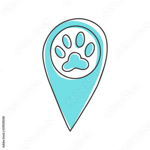 Vector linear icon of location pin. with paw symbol inside. Veterinary clinic or petshop concept, isolated on white background