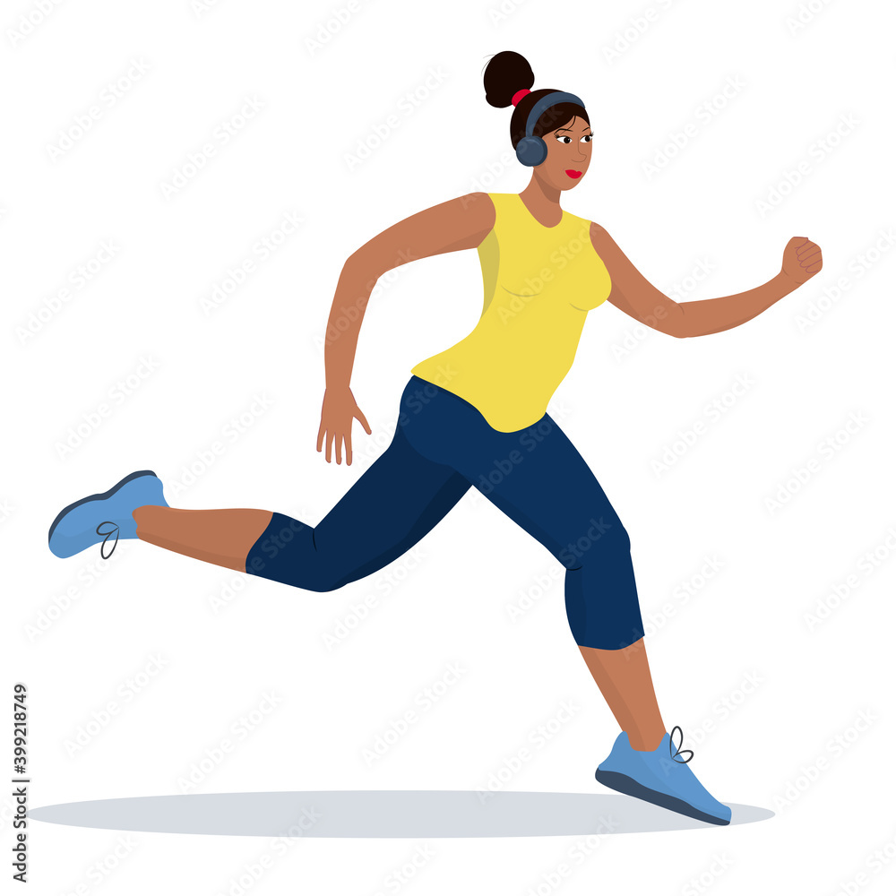 running dark-skinned young woman, the concept of a healthy lifestyle and sports on a white background