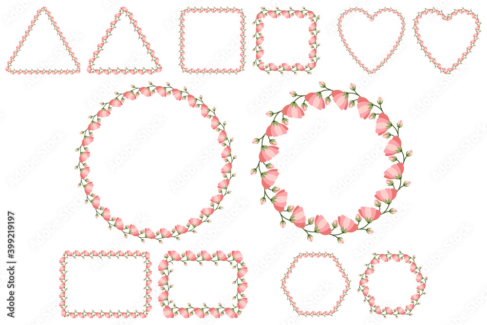 Floral frame set for celebration design with pink flowers. Romantic Vector template. Wedding invitation elements. Six shape collections - round, square, heart, rectangle, heaxagon, triangle. Floral frame set for celebration design with pink flowers. Romantic Vector template. Wedding invitation elements. Six shape collections - round, square, heart, rectangle, heaxagon, triangle.