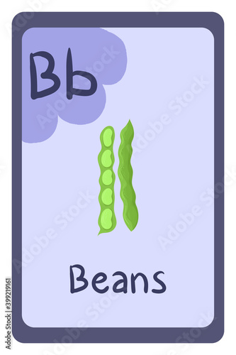 Education flash card abc, letter B - beans. Template design. Primary school kids. Phonics flashcard. Food themed ABC cards for teaching with foods, vegetables, fruits and nuts. Series of ABC.