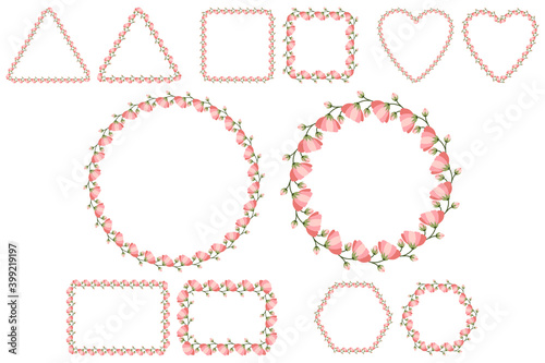 Floral frame set for celebration design with pink flowers. Romantic Vector template. Wedding invitation elements. Six shape collections - round, square, heart, rectangle, heaxagon, triangle.