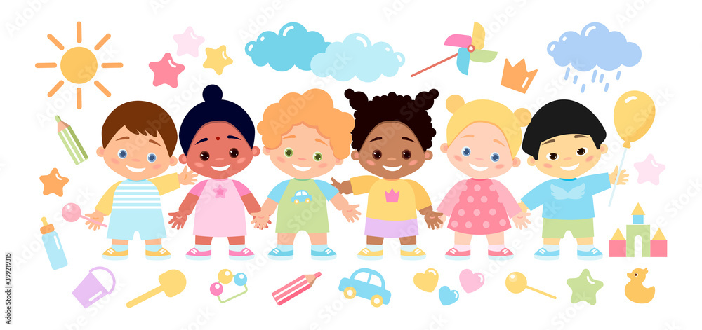 Multinational happiness little children set isolated on white background. Cute babies with different skin, eyes and hair color. Design with elements of children's toys. Vector illustration. Multinational happiness little children set isolated on white background. Cute babies with different skin, eyes and hair color. Design with elements of children's toys. Vector illustration.