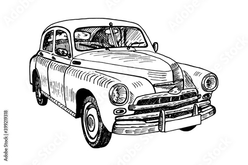 Hand drawn Old Timer classic car, sketch graphics monochrome vector illustration on white background (tracing)
