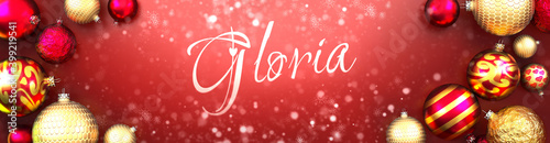 Gloria and Christmas card, red background with Christmas ornament balls, snow and a fancy and elegant word Gloria, 3d illustration