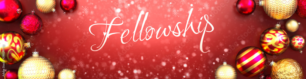 Fellowship and Christmas card, red background with Christmas ornament balls, snow and a fancy and elegant word Fellowship, 3d illustration