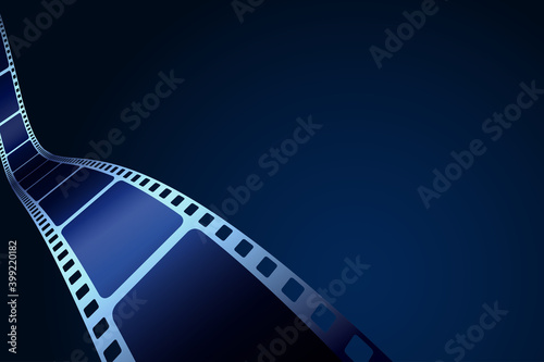 Isometeric film strip isolated on blue background. 3D film strip in perspective. Vector template cinema festival with place for text. Movie design for brochure, poster, banner, flyer. Cinema backdrop.