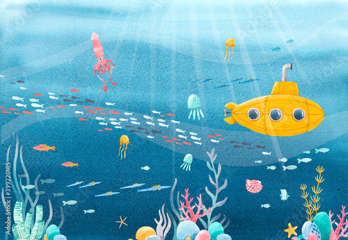 Foto Beautiful stock illustration with watercolor underwater sea life and yellow submarine scenery