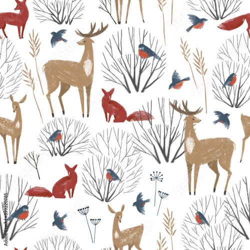 Seamless pattern with winter forest animals and trees. Winter lanscape.