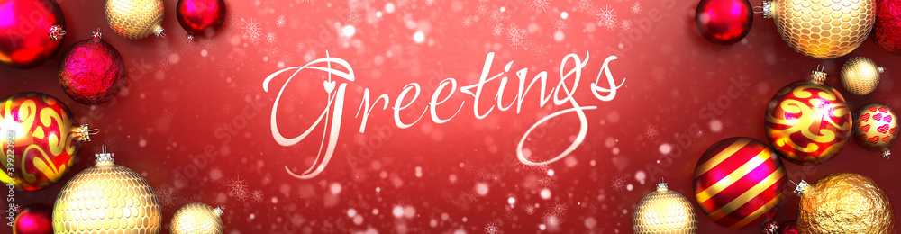 Greetings and Christmas card, red background with Christmas ornament balls, snow and a fancy and elegant word Greetings, 3d illustration Greetings and Christmas card, red background with Christmas ornament balls, snow and a fancy and elegant word Greetings, 3d illustration