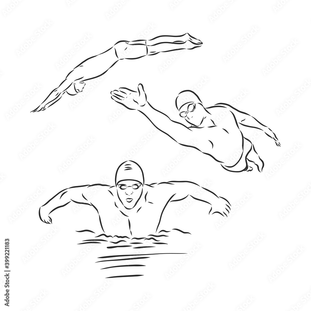 Swimmer, crawl, freestyle - Hand drawing picture converted into vector ...