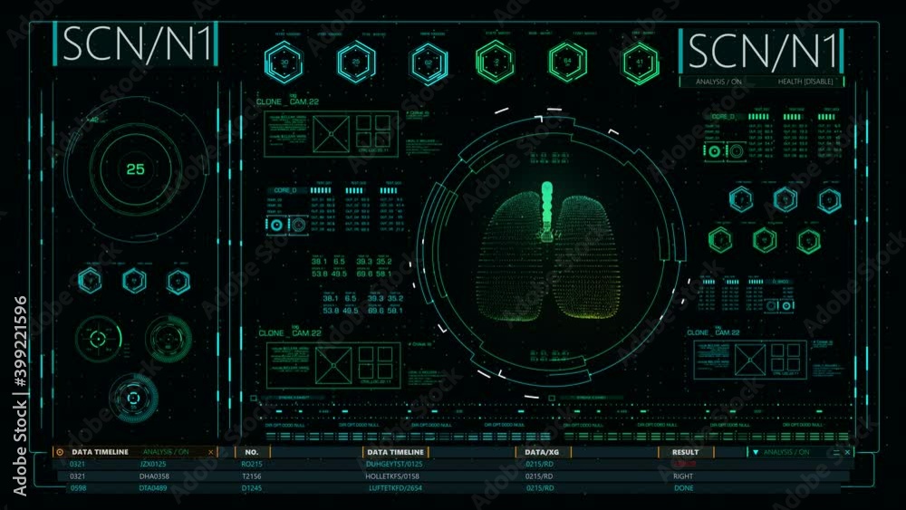 CGI holographic interface of 3d scan of human lungs rotating as data and numbers flickering on screen. Futuristic lungs scan concept CGI holographic interface of 3d scan of human lungs rotating as data and numbers flickering on screen. Futuristic lungs scan concept