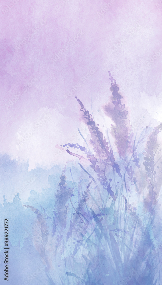 Watercolor card, greeting card with a picture of lavender, wild wildflowers, blue, purple,pink lilac. Greeting card, invitation. Vintage watercolor element. 
Bouquet of flowers. Flowering meadow.reeds