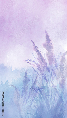 Watercolor card, greeting card with a picture of lavender, wild wildflowers, blue, purple,pink lilac. Greeting card, invitation. Vintage watercolor element. Bouquet of flowers. Flowering meadow.reeds
