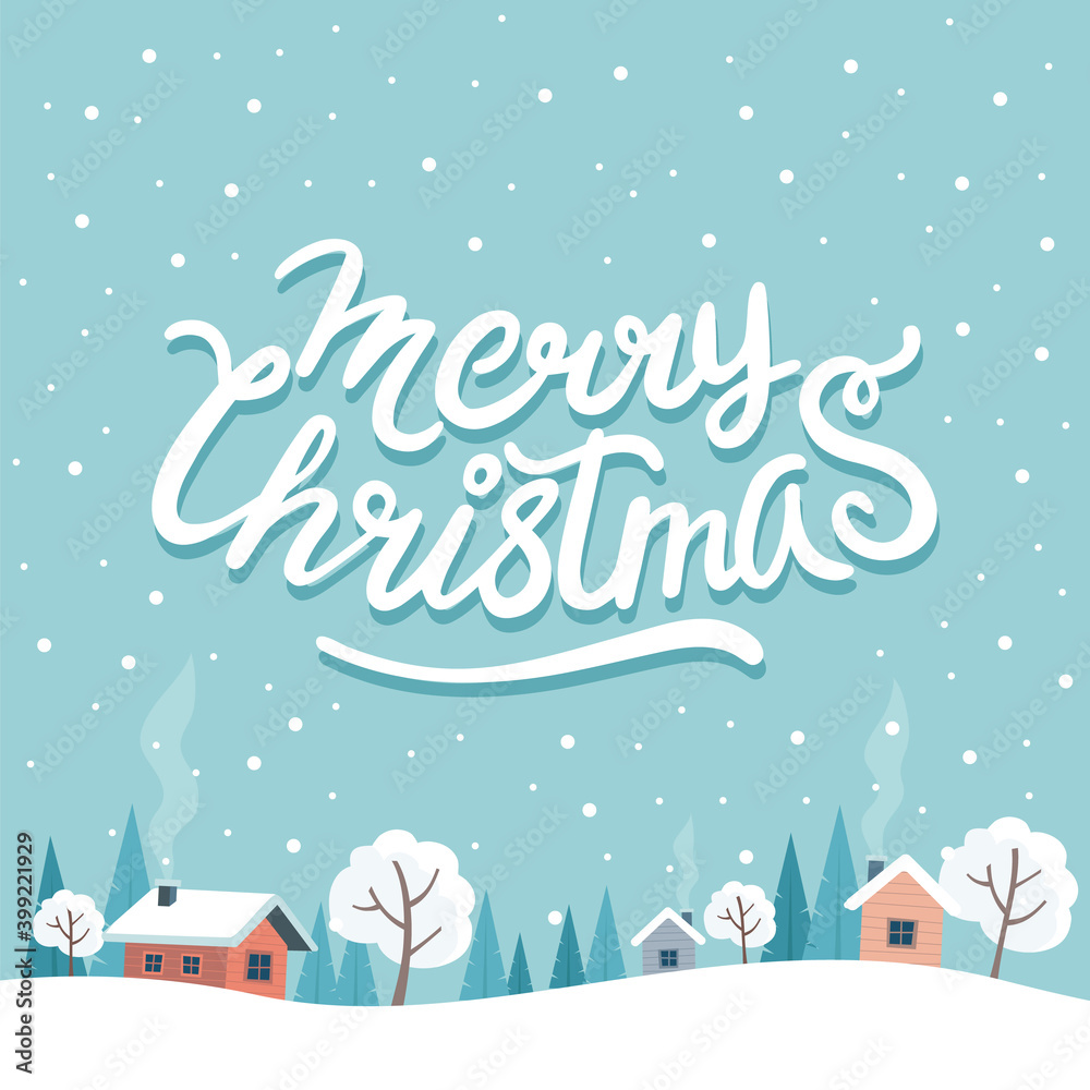 Christmas greeting card with cute landscape and lettering