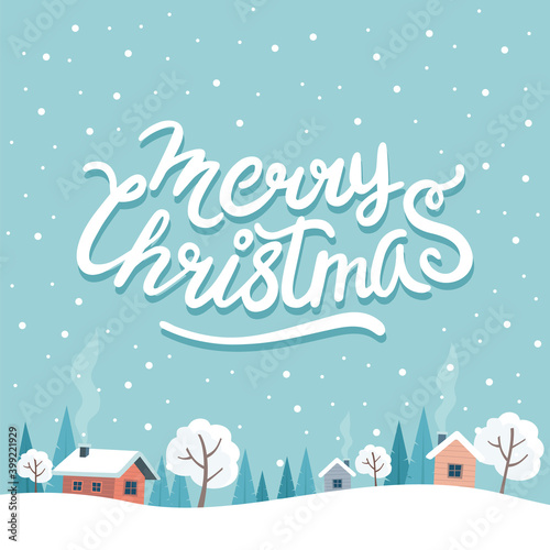 Christmas greeting card with cute landscape and lettering