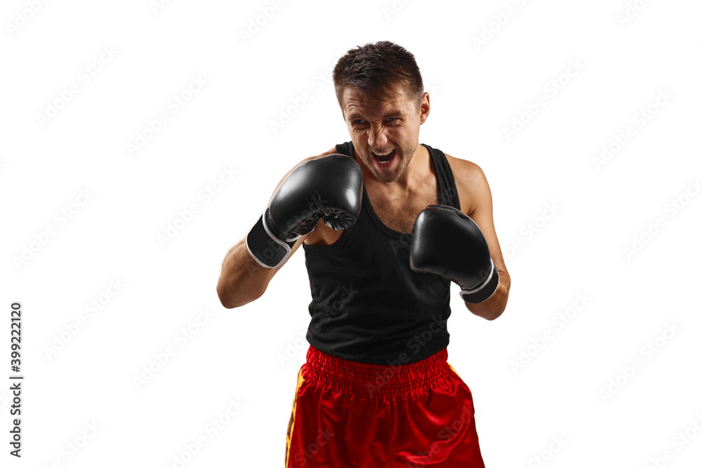 sporty man in black boxing gloves punching isolated on white background.