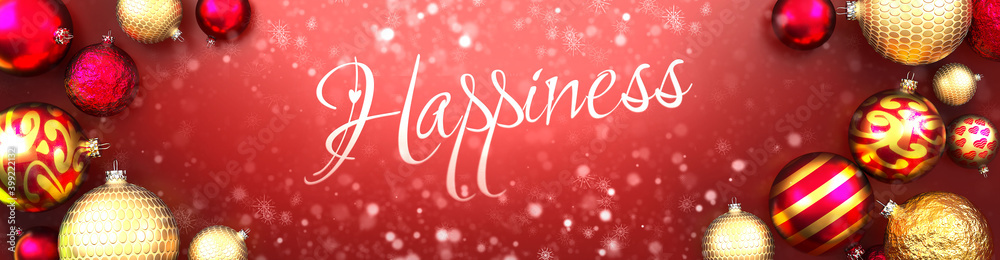 Happiness and Christmas card, red background with Christmas ornament balls, snow and a fancy and elegant word Happiness, 3d illustration