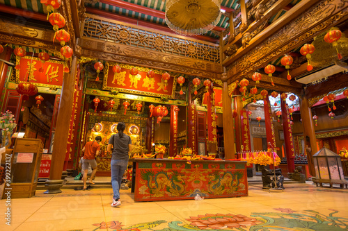 Interior view of Wat Mangkon Kamalawat (Wat Leng Noei Yi) in Bangkok, Thailand photo