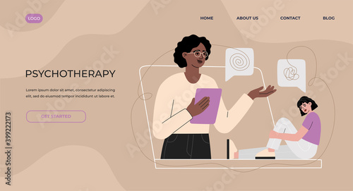 Psychologist online landing page concept, psychological help for a woman with depression and a mental disorders. Girl have conversation with psychoanalyst, helpline service. Modern vector illustration
