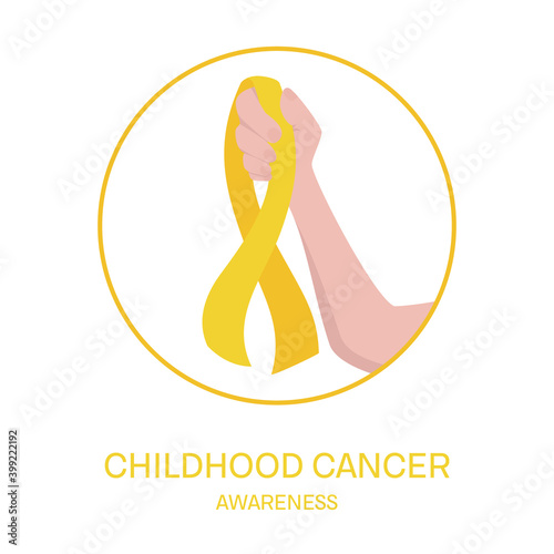 Childhood cancer awareness symbol. Hand holding a gold yellow ribbon. Cancer in children prevention. Medical vector illustration.