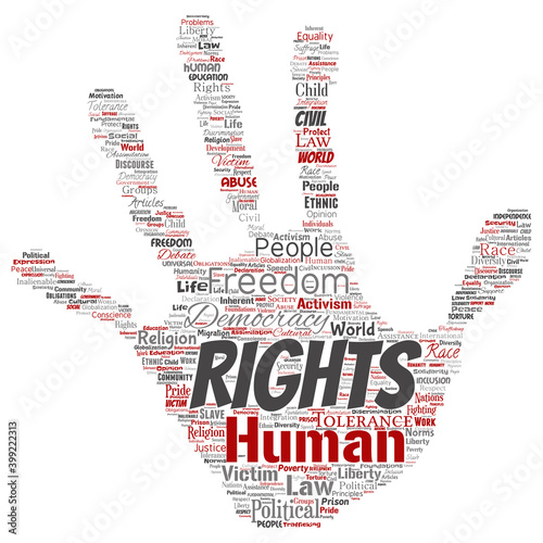 Vector conceptual human rights political freedom, democracy hand print stamp word cloud isolated background. Collage of humanity tolerance, law principles, people justice or discrimination concept