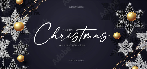 Christmas Sale design template with glossy golden balls and elegant silver snowflakes