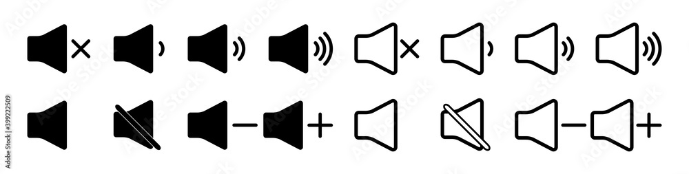 Volume icons. Mute of sound. Noise level from speaker. Audio outline ...