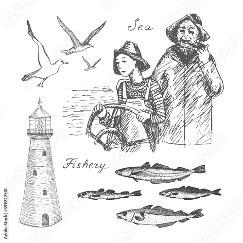 North codfish fishery. Hand drawn black realistic outline vector illustration.