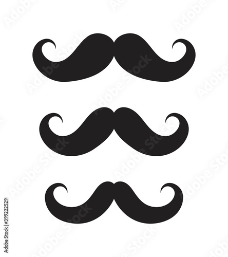 Icons of mustaches. Black cartoon moustache of Charlie Chaplin. Set of graphic symbols for hipster. Different of shapes of men mustaches for comedy or funny. Logos for fashion barber. Vector
