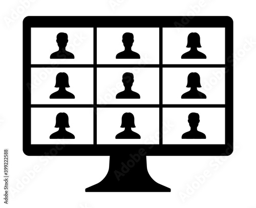 Remote work, remote learning or online video class with nine mixed gender people flat vector icon for meeting apps and websites