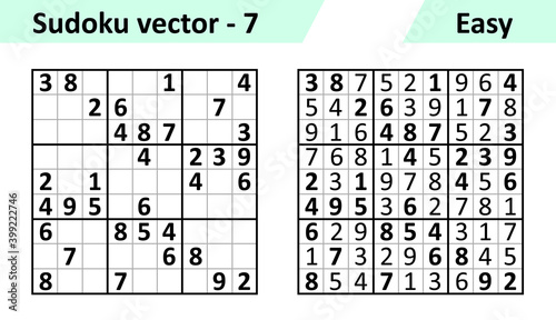 Sudoku game with answers. Simple vector design set Sudoku. Blank template. Complexity of the task is easy.
