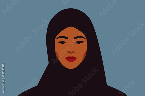 Strong Arabian woman with black hijab looks directly. Confident young muslim female wears scarf portrait front view on a blue background. Vector illustration.