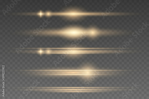 Gold horizontal lens flares pack, laser beams, light flare. Light rays Glow line bright glare on transparent background Glowing streaks.