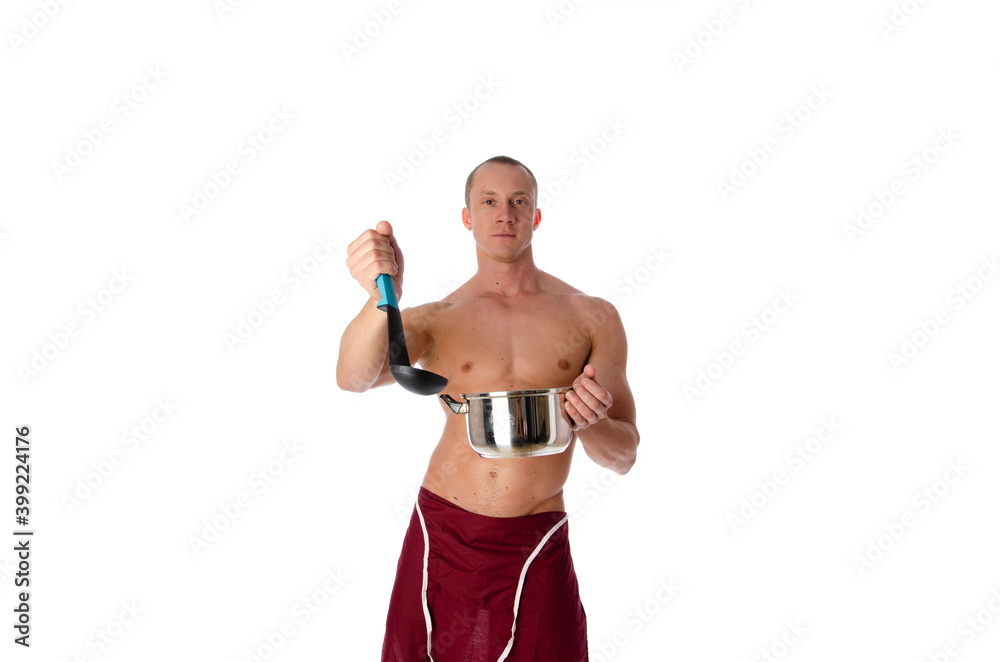 Sexy shirtless young chef or waiter posing, wearing black apron on naked body, isolated on white background. Sexy shirtless young chef or waiter posing, wearing black apron on naked body, isolated on white background.
