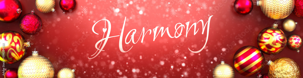 Harmony and Christmas card, red background with Christmas ornament balls, snow and a fancy and elegant word Harmony, 3d illustration