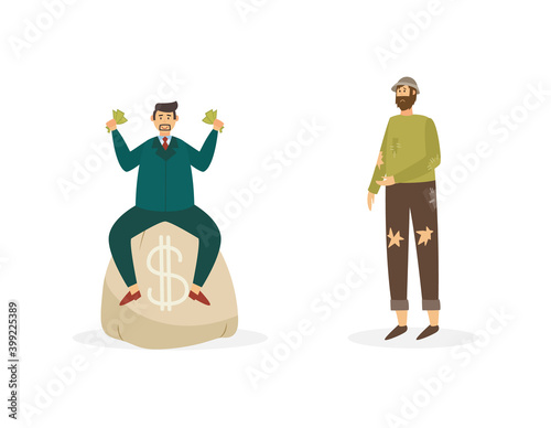 Rich businessman and poor beggar man flat vector illustration isolated.