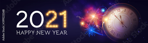 Happy New 2021 Year Background with Clock, Snowflakes and Bokeh Effect