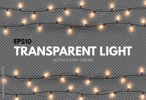 Light garland on transparent background. Shining Christmas lights