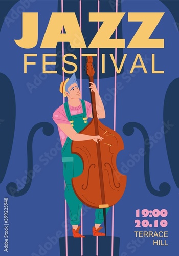 Vector cartoon flat character music band,jazz,rock,blues stylish banner poster web online concept.Musician plays double bass instrument on abstract background-festival,concert,night club flyer