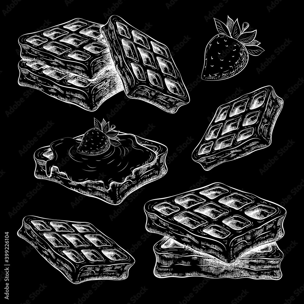 chalk drawn cute waffles isolated on black chalkboard. belgium wafers