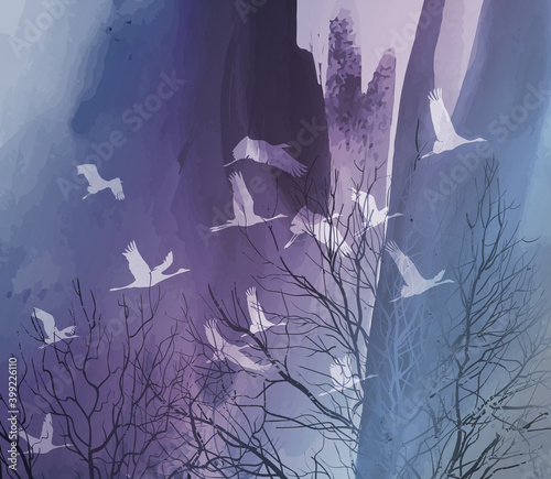Stylized composition with a flock of white cranes flying over the trees. Watercolor background, vector illustration, cold tones