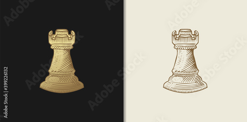 Luxury gold chess rock, hand drawn engraving style. Chess piece in vintage style