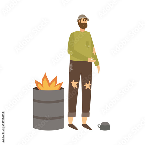 Poor homeless man in torn clothes begging money a vector illustration.