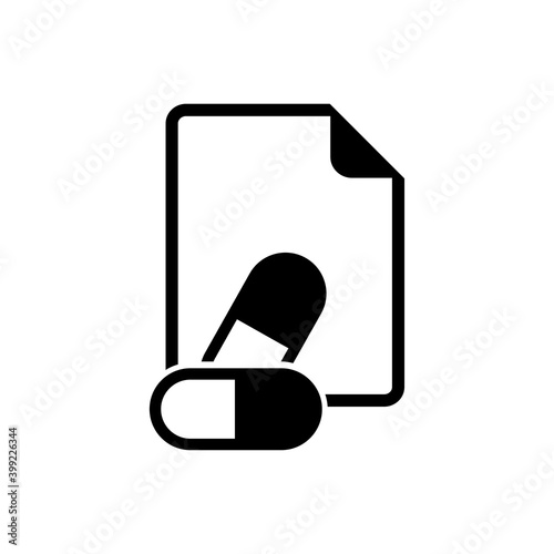 Expediente médico. Receta. Icono píldoras sobre hoja de papel con lineas en color negro