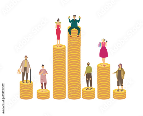Poor and rich people on stacks of coins flat vector illustration isolated.