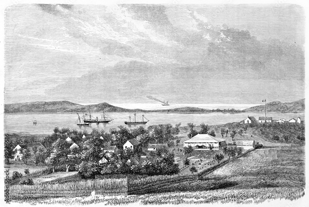 Old view of Nouméa (formerly Port-de-France), New Caledonia. Created by De Berard after photo by unknown author, published on Le Tour du Monde, Paris, 1861