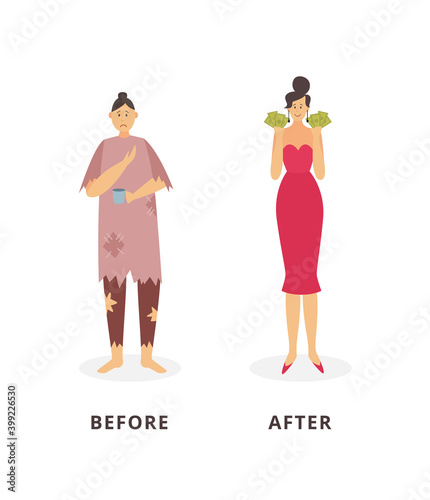 Rich and poor women - before and after financial success concept