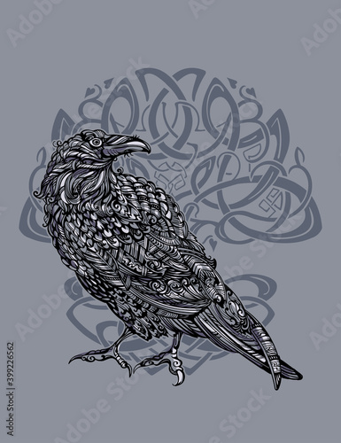 Odin's Celtic Raven. Scandinavian tattoo. Runic symbols in the Old Norse language mean Raven. Trixel, Celtic cross, Gungir and knots. Vector illustration of Scandinavian myths